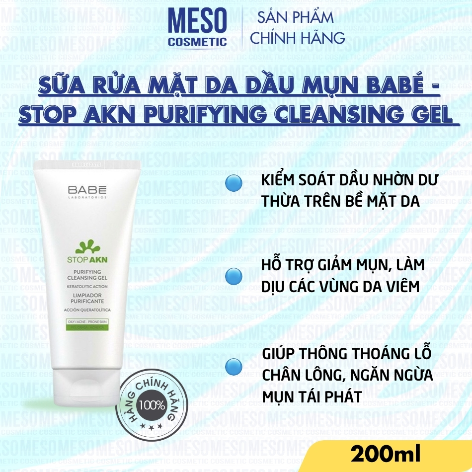 Sữa rửa mặt da dầu mụn Babé - Stop AKN Purifying Cleansing Gel 200ml